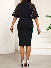 SHEIN Lady Vestido De Corte Entallado Con Cremallera Frontal, Panel De Encaje De Color Sólido Y Abertura En El Dobladillo Para Mujeres - Negro - Ver 2