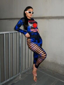 SHEIN SXY Tie Dye In Chi Tiết Cutout Bộ Jumpsuit Skinny Với Thiết Kế Bên Chân Quần Áo Bóng Rổ 
Quần Áo Nữ Xuân Hè Gợi Cảm Unitards - Màu xanh lam - Xem 3