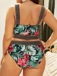 SHEIN Swim Curve 夏季大码热带印花拼布泳衣套装 - 彩色 - 查看 2