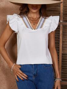 SHEIN LUNE Patchwork Woven Belt V-Neck Ruffle Trim Decor Blouse - White - View 4