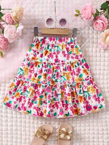 SHEIN Young Girl's Elastic Waist Floral Printed Asymmetrical Skirt With Ruffled Hem,Holiday,Summer,Travel - Multicolor - View 1