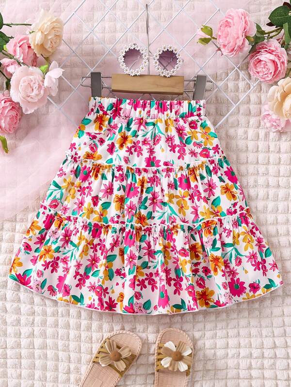 SHEIN Young Girl's Elastic Waist Floral Printed Asymmetrical Skirt With Ruffled Hem,Holiday,Summer,Travel
