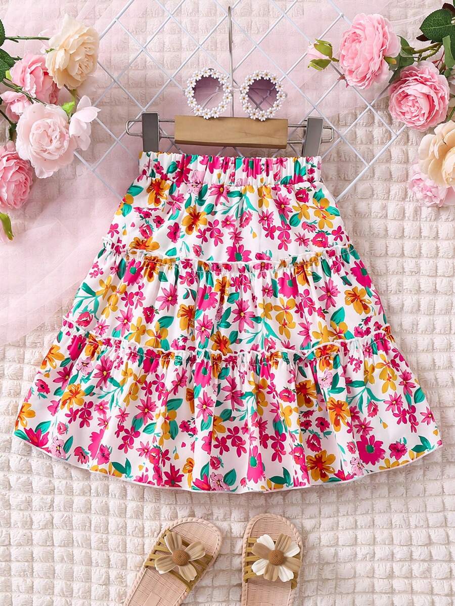 SHEIN Young Girl's Elastic Waist Floral Printed Asymmetrical Skirt With Ruffled Hem,Holiday,Summer,Travel - Multicolor - View 1