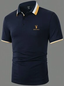 Manfinity Homme 男士對比字母和鹿紋圖案polo衫 - 藏蓝色 - 查看 5