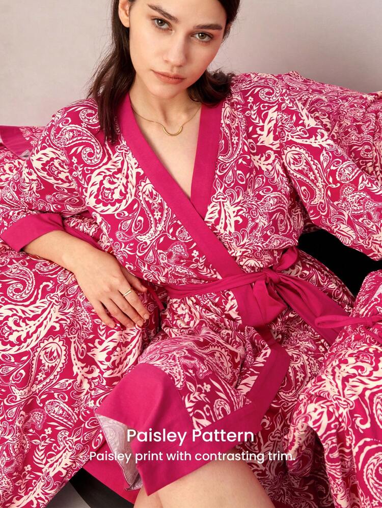 Red Paisley Print Cotton Kimono Women Robe To Tie Pajamas Bath Robe Night Gown Women Lingerie Fall Pajamas& Pyjamadressing