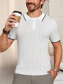 Manfinity Homme Men's Color Block Short Sleeve Polo Collar Knit Top With Decorative Accents - White - View 4
