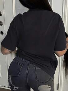 SHEIN Slayr Letter And Bull Head Print Short Sleeve T-Shirt - Black - View 2