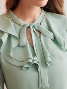 MOTF PREMIUM 打結領襯托燈籠袖荷葉邊連衣裙 - 綠色 - 查看 3