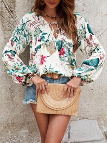 SHEIN Frenchy Summer Tropical Print Knot Neck Lantern Sleeve Blouse Winter Vacation Flower - Multicolor - View 4