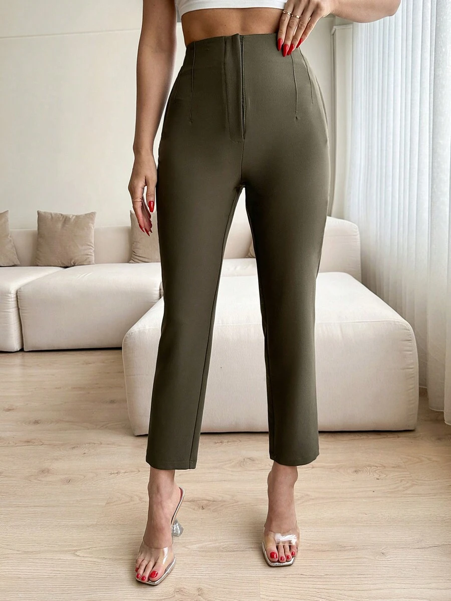 SHEIN Cottnline Ladies Pleated Solid Colored Pants - Khaki - View 1
