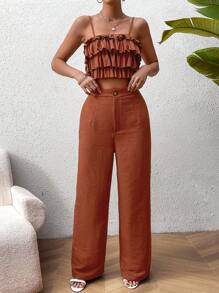 Calvaya Completo da donna composto da top a canotta con balze e pantaloni, tinta unita