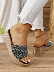 女式厚底楔跟鑲鑽涼鞋,時尚舒適,適合戶外活動,黑色 - 彩色 - 查看 2