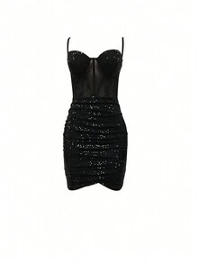 Sequined Mesh Patchwork Cami Mini Bodycon Dress - Black - View 3