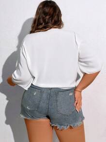SHEIN CURVE+ 大尺碼純色束腰短款和服外套 - 白色 - 查看 2