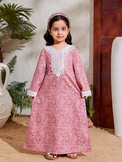 SHEIN Young Girl Embroidered Applique Floral Print Suspender Dress