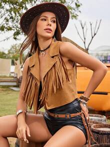RELISH NOLESS Women Spring Summer Cowgirl Festival Country Concert Holiday Outwear Casual Sexy Boho Vacation Suede Fringe Lightweight Jacket Vest - Camel - View 6