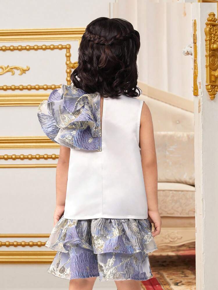 Young Girl Stand Collar Layered Ruffle Sleeveless Blouse Jacquard A-Line Skirt Two Pieces Outfit