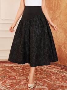 Modelyn Flower Jacquard A-Line Skirt - Black - View 5