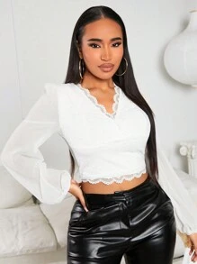 SHEIN SXY Contrast Lace Lantern Sleeve Crop Top - White - View 1