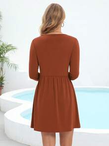 Tshirt Dresses For Women Casual Dress For Women Loose Tunic Pleated Long Sleeve T Shirt Dress For Women With Pockets Simple Sundresses Printed Party Mini Flowy Cute Brown Solid - Rust Brown - View 2