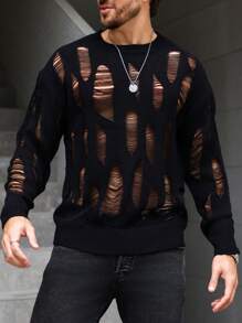 Manfinity Homme 男士做旧镂空针织街头潮流拼色套头长袖上衣，适合外出、朋友聚会、放大男士长袖针织，男士毛衣上衣，男士黑色毛衣，男士针织上衣，适合秋冬 - 黑色 - 查看 7