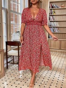 Breezaya 大码女式花卉印花裹腰高开叉短袖连衣裙新年衣服长款女装 - 紅色 - 查看 5