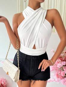 SHEIN Privé Hollow Out Cross Strap Bodysuit - White - View 3