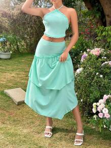 SHEIN Unity Của phụ nữ Màu thuần Không lưng Áo hai dây Và Bộ váy - màu xanh lá - Xem 5