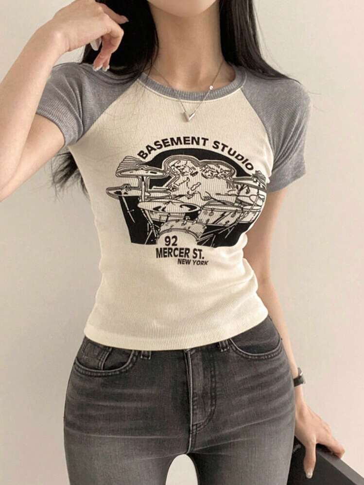 DAZY Women's Tight-Fitting Raglan Short Sleeve T-Shirt With Contrast Color And Letter Print Summer,Graphic Tees - Grey - View 7