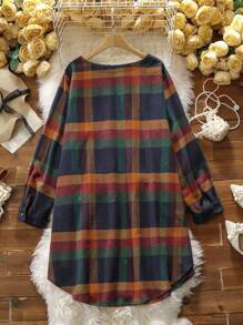 SHEIN LUNE Plus Plaid Print Pocket Patched Curved Hem Dress - Multicolor - View 2