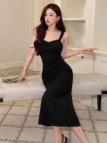 DAZY Solid Color Slim Fit Strappy Dress Prom Dress Elegant Sundress - Black - View 4