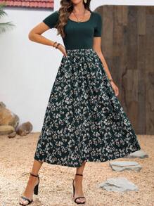 EMERY ROSE 花卉拼布高腰超长女装连衣裙 - 墨綠色 - 查看 6