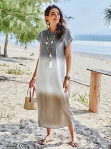 Sylviya Gradient Loose Fit Batwing Sleeve Dress With Round Neckline,Vacation - Multicolor - View 5