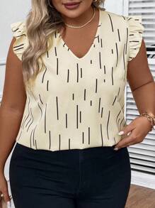 SHEIN LUNE Plus Striped Print Ruffle Trim Blouse For Summer - Apricot - View 3