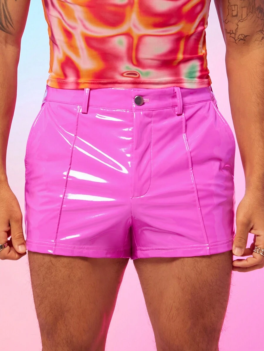 FeverCity Men's Pink Faux Leather Shorts With Pockets - Pink - View 1