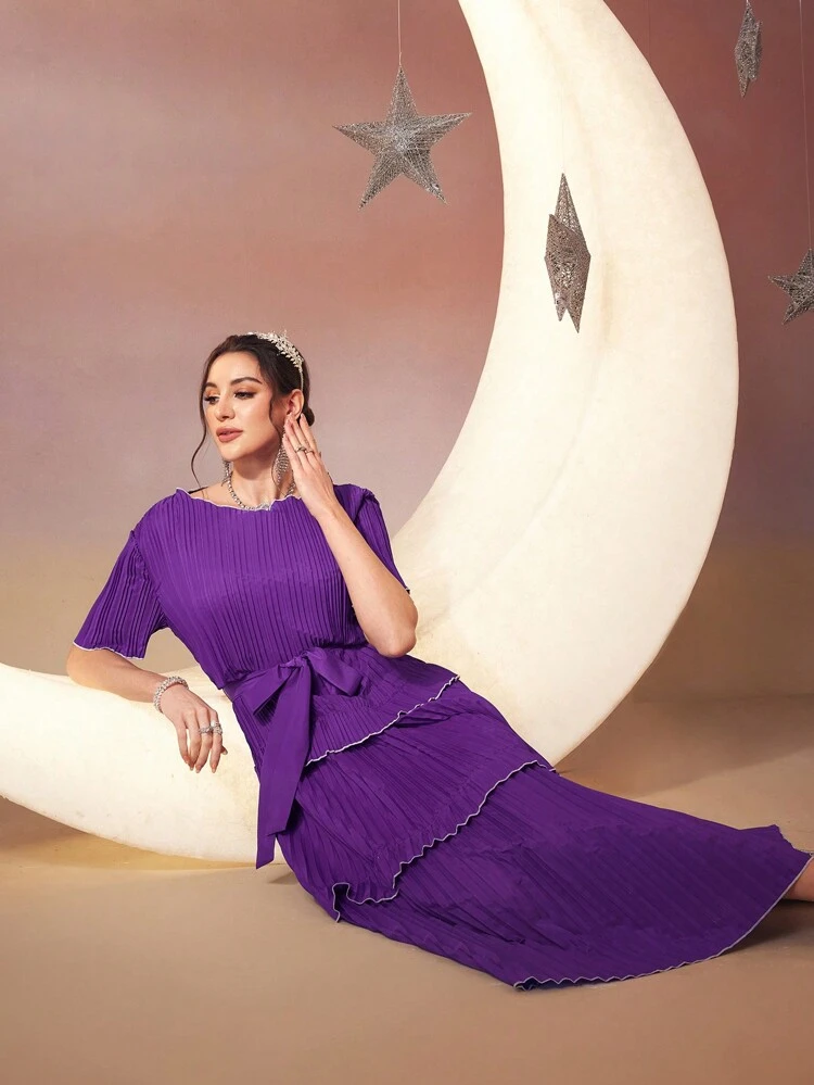 Women's Color Block Pleated Dress With Contrast Trim Long Evening Dresses