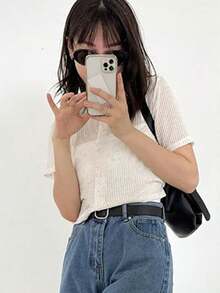 DAZY Button Ribbed Short Sleeve T-Shirt - White - View 2