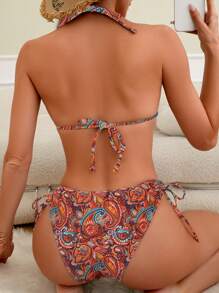 SHEIN Swim Bộ bikini dây buộc cổ in họa tiết Paisley đi biển mùa hè dành cho nữ - Nhiều màu - Xem 2
