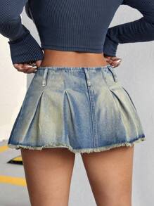 SHEIN ICON Của phụ nữ Xếp li Frayed Hem Váy Denim - Màu xanh lam - Xem 5