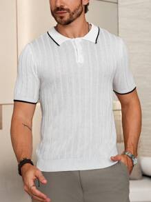 Manfinity Homme Men's Color Block Short Sleeve Polo Collar Knit Top With Decorative Accents - White - View 5