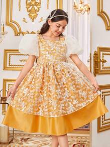 SHEIN Tween Girls Dresses Kontras Mesh Sulaman Zip Bunga Pesta - Kuning - View 1