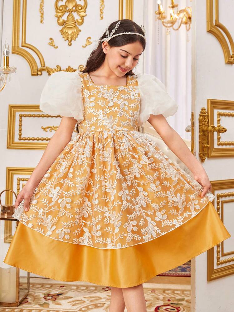 Tween Girls' Fit And Flare Embroidered Tulle Mesh Splice Midi Dress With Puff Sleeves