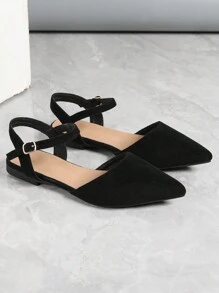 Nuevos zapatos planos de mujer con punta puntiaguda, tacón bajo e imitación de terciopelo en la correa trasera para uso en exteriores - Negro - Ver 2