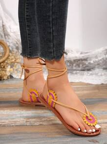Kích thước lớn Xuyên biên giới Của phụ nữ Hoa Hướng dương Hoa Dải mỏng Vòng ngón chân Dép phẳng - Màu vàng - Xem 2