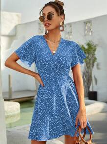 Breezaya Quý cô Chấm bi Ruffle Ngắn tay Đầm - Màu xanh lam - Xem 4