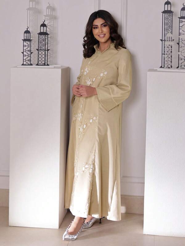 Al Najma Flower Patchwork Decorated Stand Collar Long Sleeve Arabian Dress, Modest