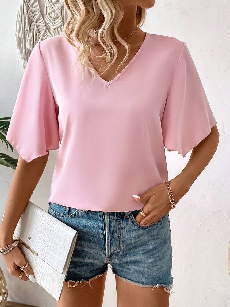 Solid Color V-Neck Casual Shirt