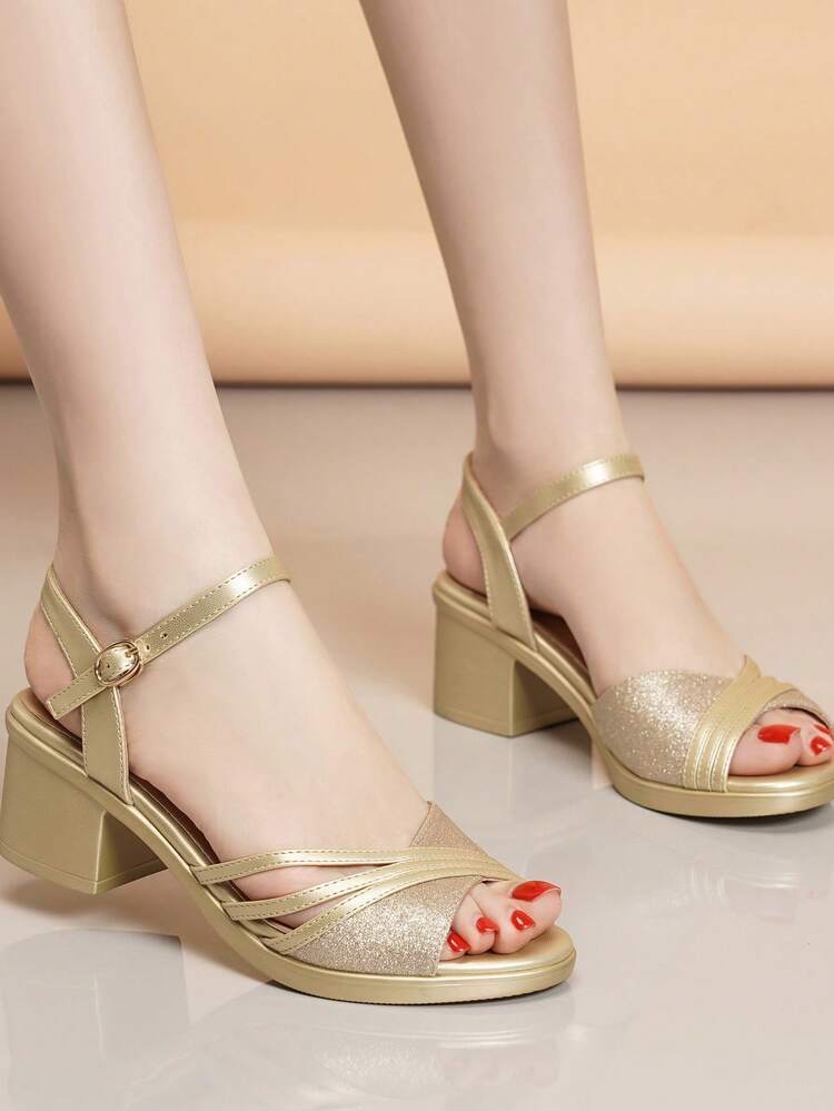 新款夏季時尚啞光粗跟鞋帶高跟鞋 - 金色 - 查看 3