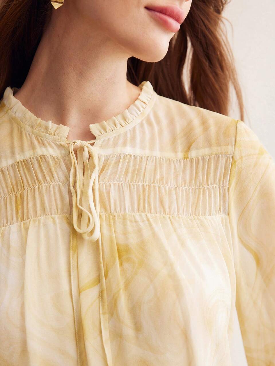 MOTF SILK FRILL TRIM TIE NECK RUCHED PANEL BLOUSE
