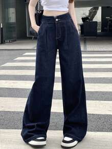 Dazy Designer 女式褶皱阔腿牛仔裤，返校服装 - 藍色 - 查看 4